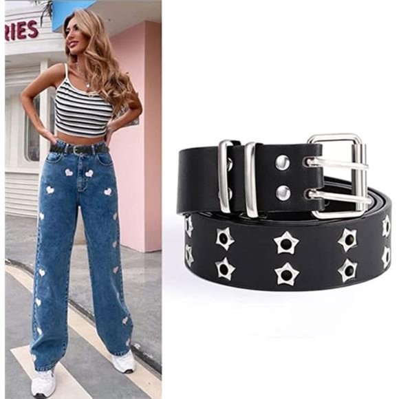 Yalice Double Grommet Leather Belts Star Studded Belt for Jeans Pants Punk Waist